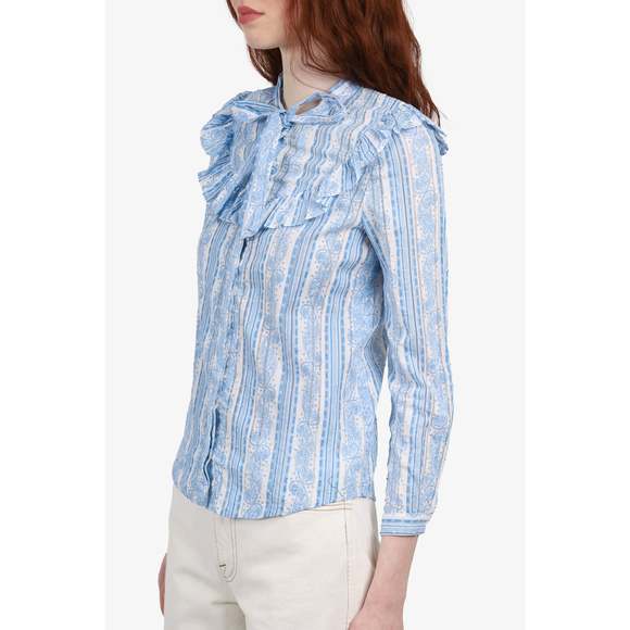 Claudie Pierlot Blue/White Printed Ruffle-Trimmed Blouse - Picture 2 of 3